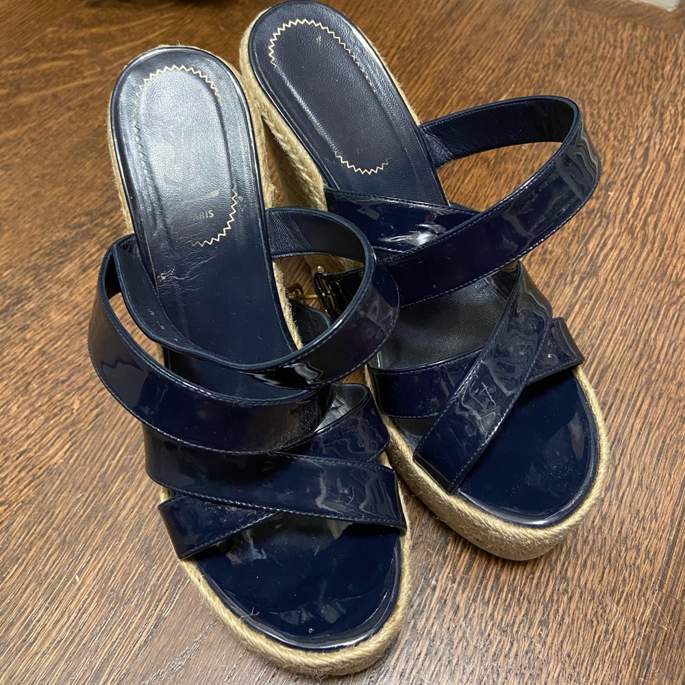 YSL blue patent leather cork wedge heel